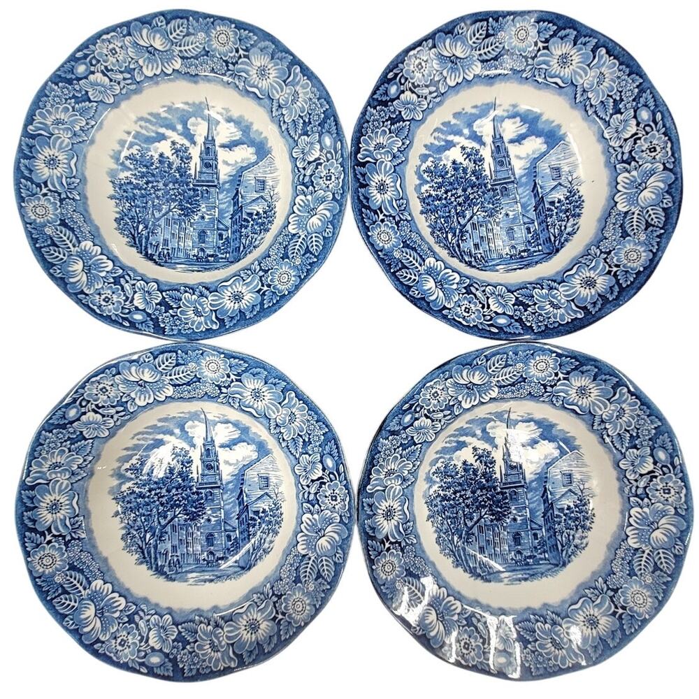 Staffordshire Vintage Liberty Blue 1776 Colonial Transferware 4 Rim Soup Bowls 2